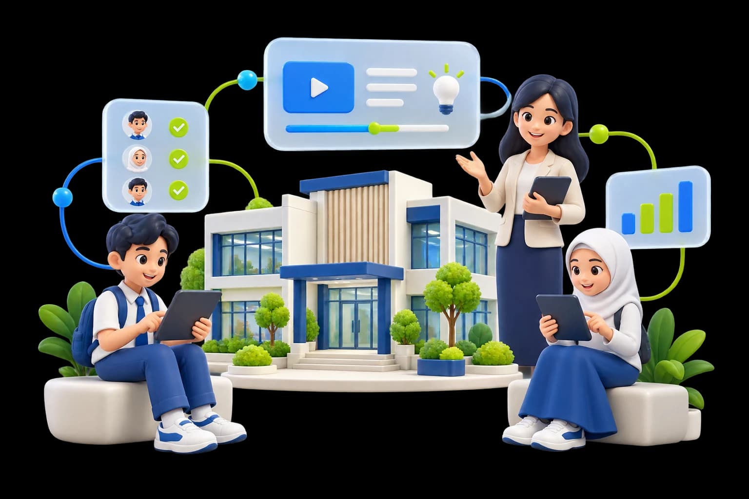 Guru dan siswa terhubung dalam lingkungan sekolah digital
